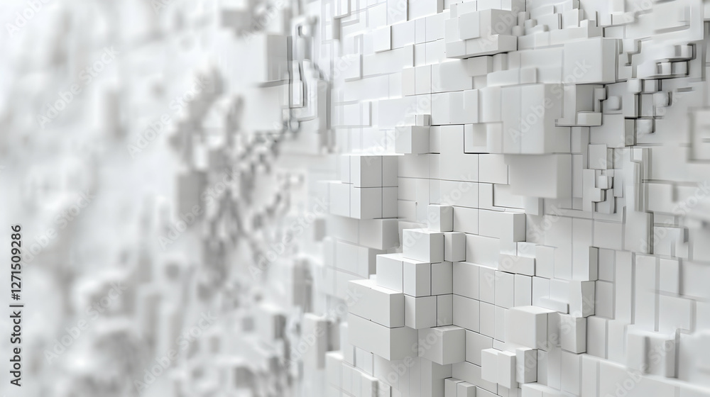 Poster abstract white textured wall with 3d geometric blocks creating depth and shadows