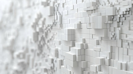 Abstract white textured wall with 3D geometric blocks creating depth and shadows