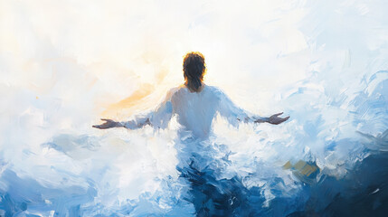 Fototapeta premium A divine artistic vision of Jesus emerging from water, symbolizing rebirth, baptism, and spiritual awakening