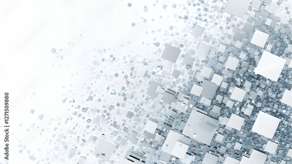 Poster abstract representation of floating cubes in a digital space with a blurred background effect
