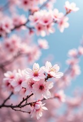 Naklejka premium Delicate pink cherry blossoms bloom against light blue sky