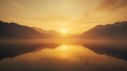 Fototapeta premium Serene sunset over mountains reflecting in calm water, creating a tranquil atmosphere.