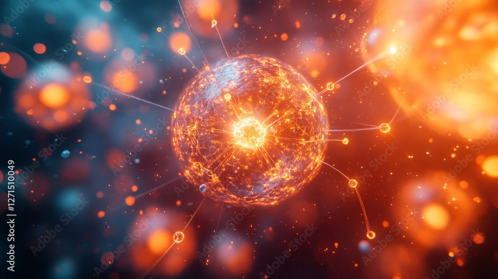 Poster glowing energy sphere with connecting lines and particles.