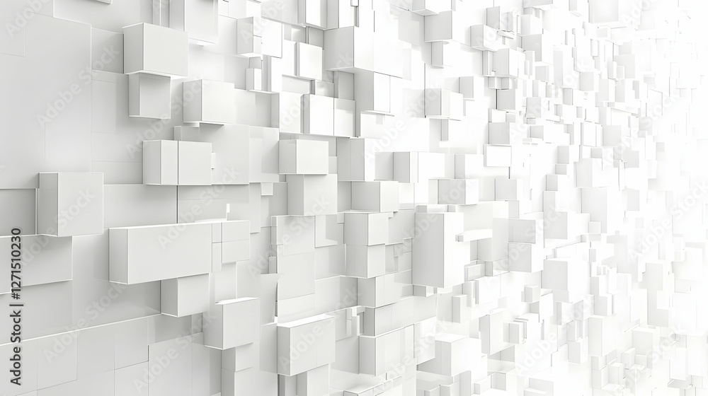 Poster abstract white geometric wall with 3d cubes creating depth and texture, suitable for backgrounds
