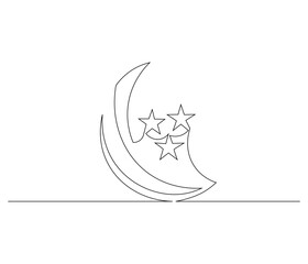 Continuous one line drawing of Star and Crescent moon. Single line drawing illustration of Islamic symbol. Ramadan kareem concept vector art. Doodle line illustration.
