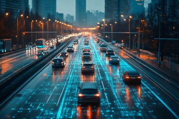 Obraz premium Autonomous self driving cars moving on a smart road in a futuristic city