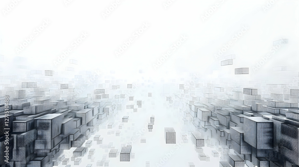 Poster abstract representation of a digital landscape with floating cubes in a misty environment