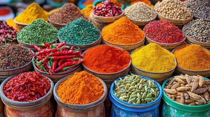 vibrant display of colorful spices in traditional bowls at Indian spice market © Enjoy