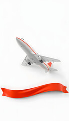 Flying airplane and banner on a white background 3D illustration, realistic. White tone