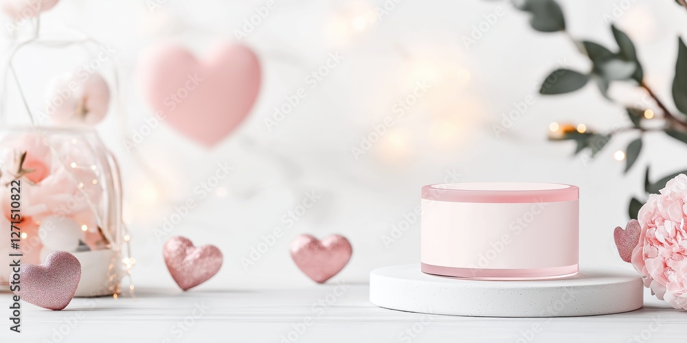 Poster soft pink hues create a charming valentine's day display with an empty podium surrounded by hearts a