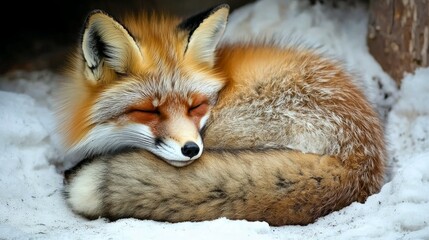 Fototapeta premium Sleeping Red Fox in Winter Landscape with Snowy Background