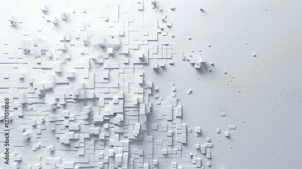 Poster abstract composition of fragmented white blocks creating a dynamic visual texture and depth