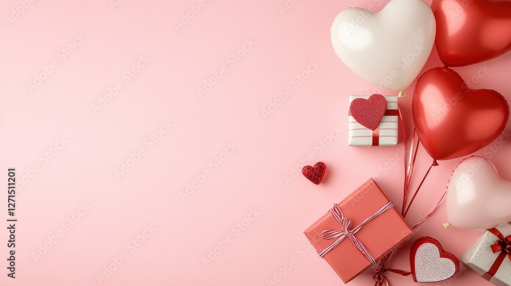 Poster heart-shaped balloons and wrapped gift boxes create a charming display on a soft pink backdrop ideal