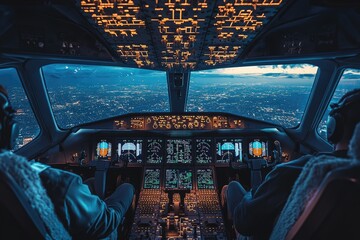 Fototapeta premium Pilots flying airplane at night over illuminated city skyline