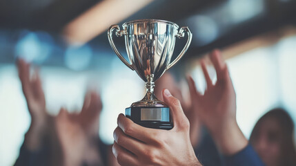 Business people holding trophies in their hands
