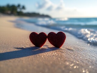 Fototapeta premium Two Red Hearts Resting on a Beach During Sunset