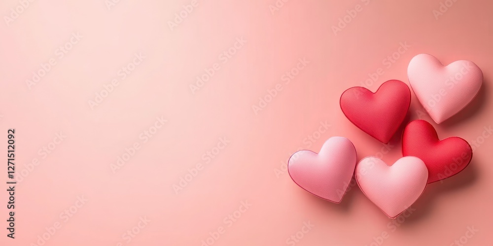 Poster celebrating love with a minimalist background adorned with various pink and red hearts. the soft col