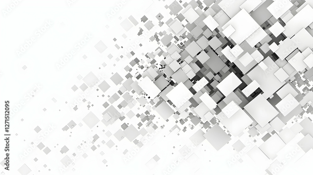 Poster abstract composition of scattered white and gray squares creating a dynamic visual effect