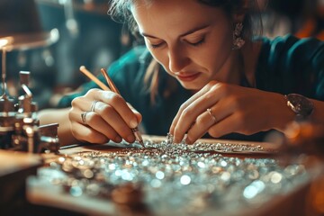 Jeweler working with crystals creating luxury jewelry in workshop