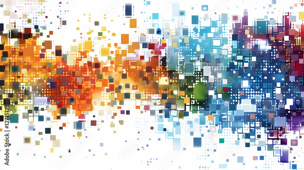 Poster colorful abstract digital art with vibrant squares and circles blending in a dynamic pattern