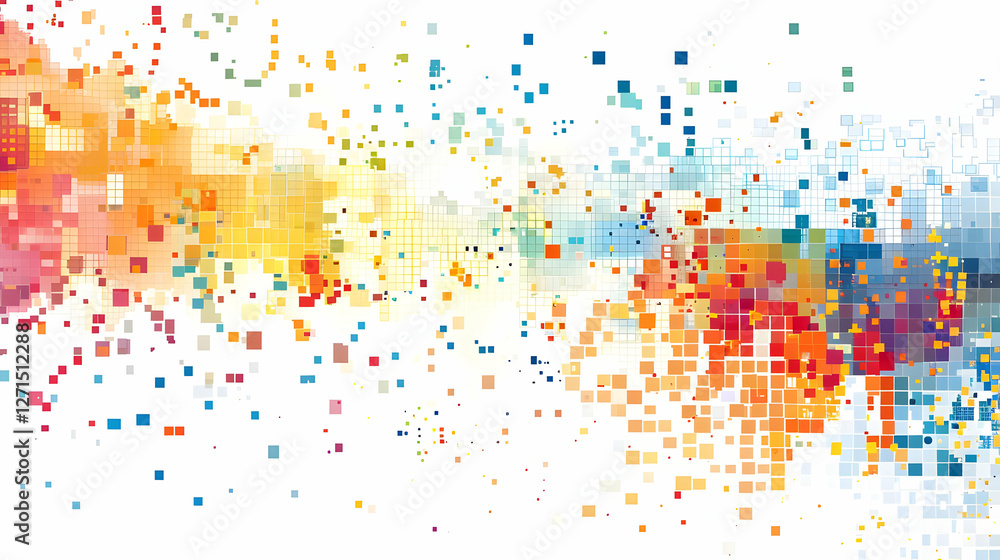 Poster colorful abstract digital art with vibrant pixel patterns creating a sense of motion