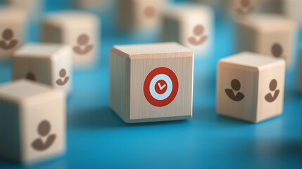 Strategic Focus : Prioritizing the Right Goals. A single block with a red bullseye and clock symbol stands out amid group-icon blocks, illustrating time management and business efficiency