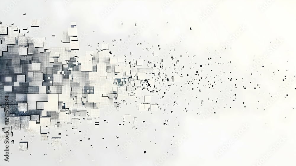 Poster abstract digital art depicting fragmented cubes dispersing into a light background
