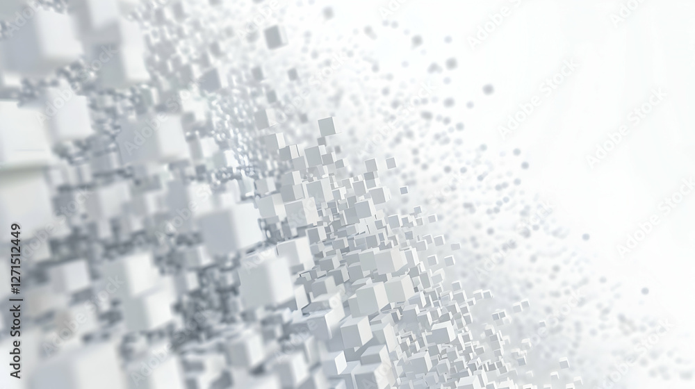 Poster abstract representation of floating white cubes creating a dynamic 3d effect in a light space