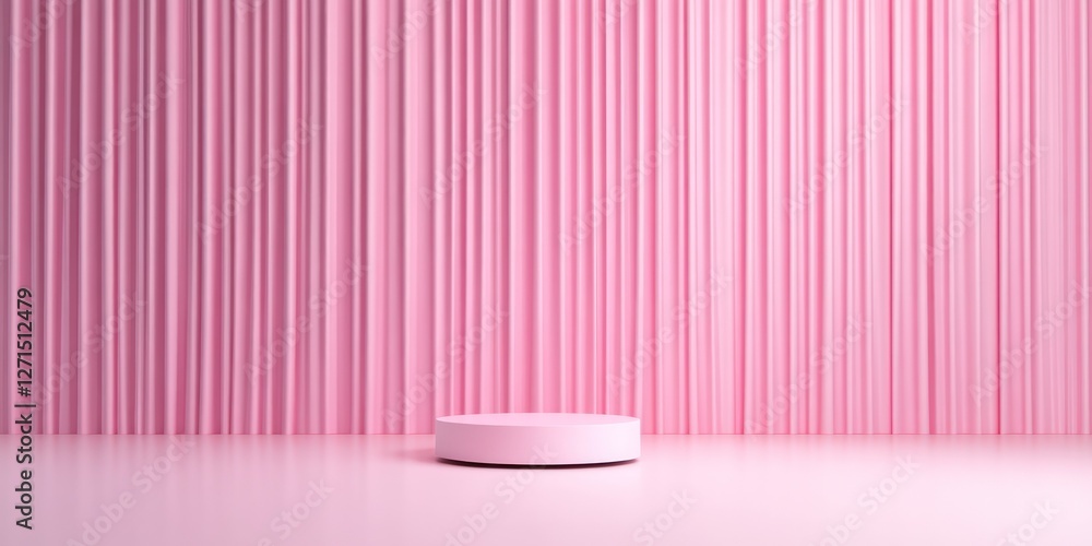 Poster this 3d rendering features a pink podium set against a striped pink background creating a minimalist