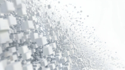 Abstract representation of floating white cubes creating a dynamic 3D effect in a light space