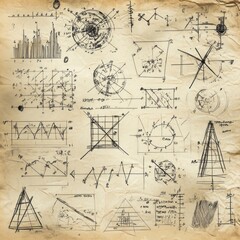 Intricate Scientific Sketches on Aged Paper, A Visual Exploration of Mathematical Concepts