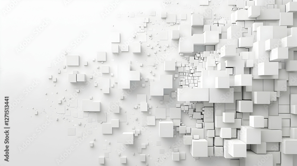 Poster abstract white cubes scattered across a minimalist background, creating a sense of depth and motion
