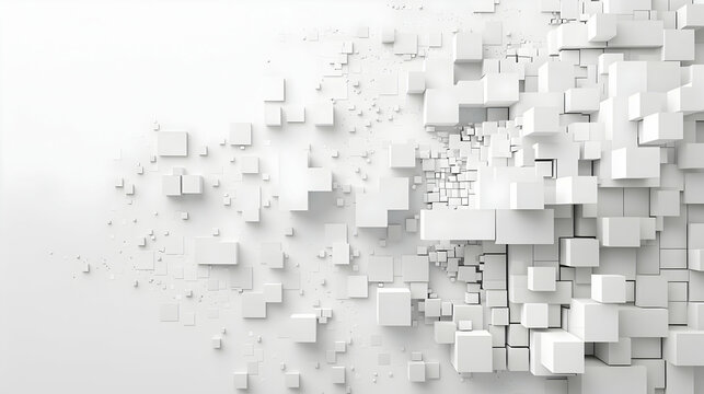Abstract white cubes scattered across a minimalist background, creating a sense of depth and motion