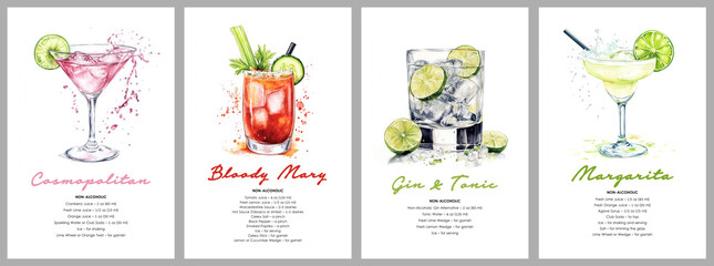 Cosmopolitan, Bloody Mary, Gin Tonic, Margarita cocktails. Watercolor illustration of non-alcoholic drinks on white background. Drink recipe posters for bar menus and beverage design	
