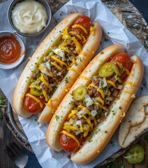 Gourmet Hot Dogs with Mustard  Ketchup  Pickles Crispy Onions  and Fresh Herbs Served on a Soft Bun with Classic Condiments 