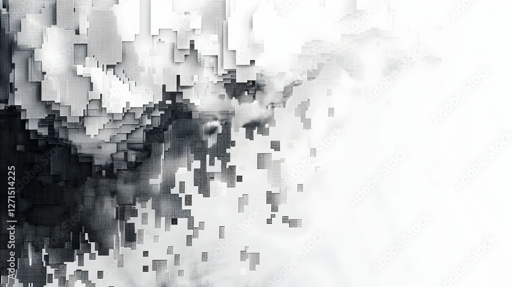 Poster abstract digital artwork showcasing a dynamic interplay of black and white pixelated patterns