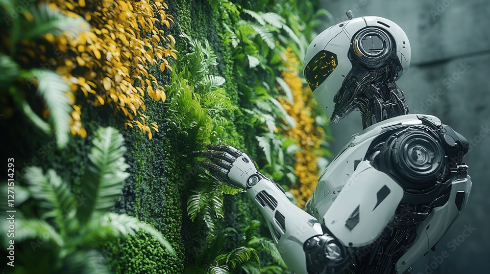 Poster a futuristic robot interacts with vibrant greenery, symbolizing the connection between technology an