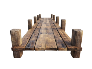 A long wooden bridge made of planks isolated on a transparent background