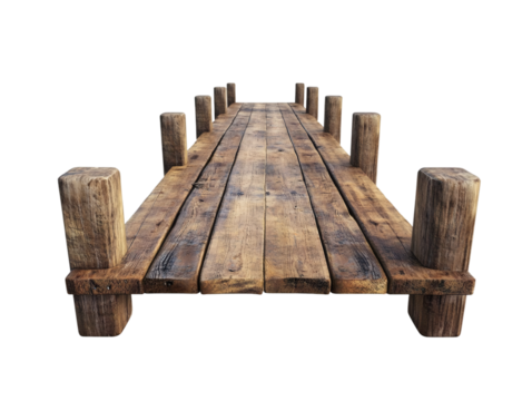 A long wooden bridge made of planks isolated on a transparent background