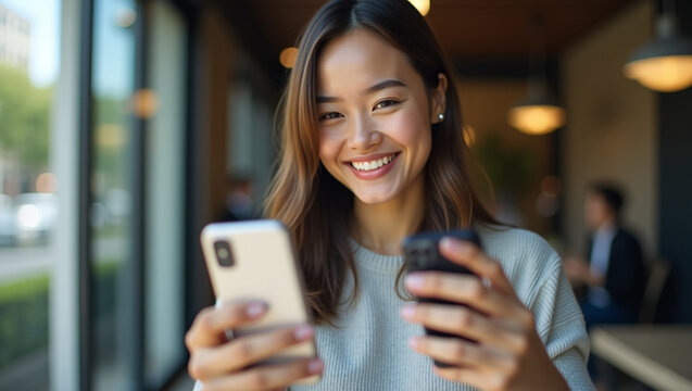 Contented Coffee Break: A vibrant young woman radiates joy as she sips her coffee and engages with her smartphone in a modern cafe, bathed in natural light.