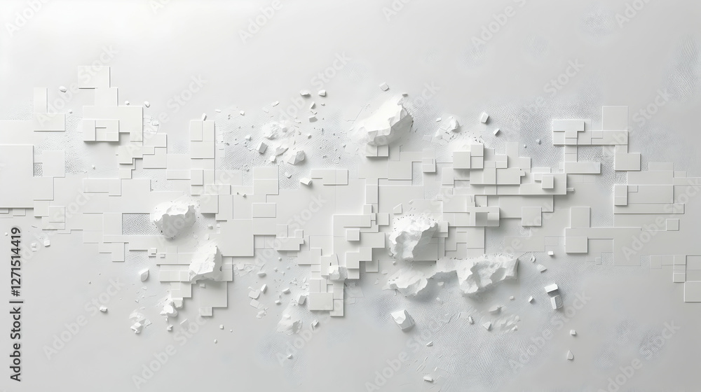 Poster abstract white texture with fragmented shapes and scattered elements on a light background