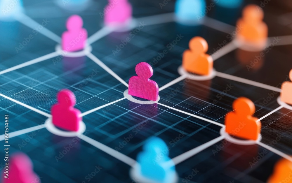 Poster human resource graphic design showing colorful avatars connected in a network for teamwork and colla