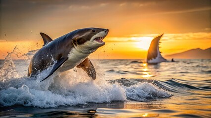 Fototapeta premium Majestic Apex Predator Leaps from Golden Ocean Waves at Sunset