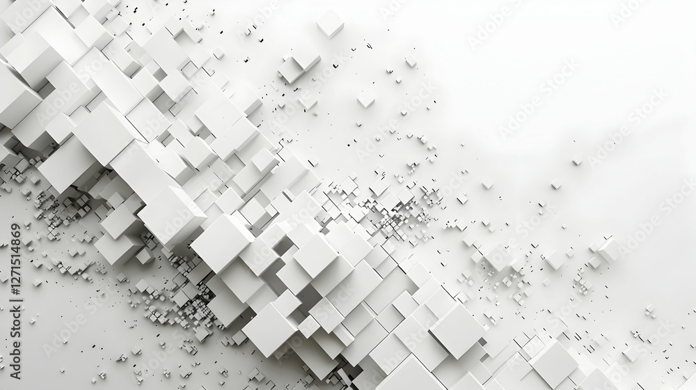 Poster Abstract white geometric shapes creating a dynamic 3D effect with floating cubes in space
