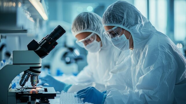 Two dedicated scientists clad in protective gear meticulously examine samples under a microscope in a sophisticated laboratory setting, showcasing advanced research techniques