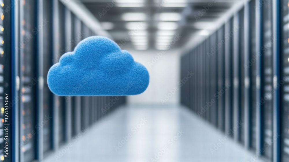 Poster blue cloud symbol displayed in a data center, representing cloud computing technology and digital st