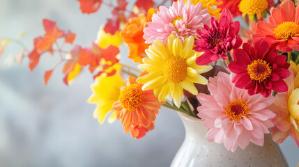 A close-up photograph of a collection of vibrant garden flowers in a ceramic pitcher, featuring sunlit yellows, coral pinks