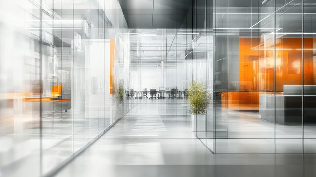 Modern glass office interior with orange accents, showing a hallway and meeting room with people.
