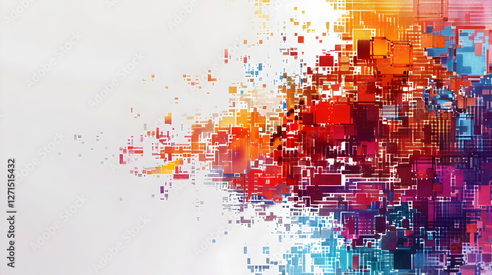 Poster abstract colorful digital art depicting a vibrant explosion of pixelated patterns in motion