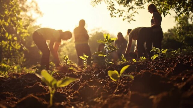 A group of people working together in a sunny field to plant saplings, emphasizing teamwork and environmental restoration.